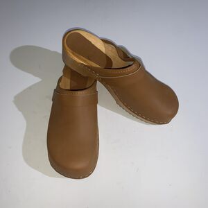 KLÄGN Swedish Comfort Shoes Womens 40 Brown Leather Wooden Clogs Slip On